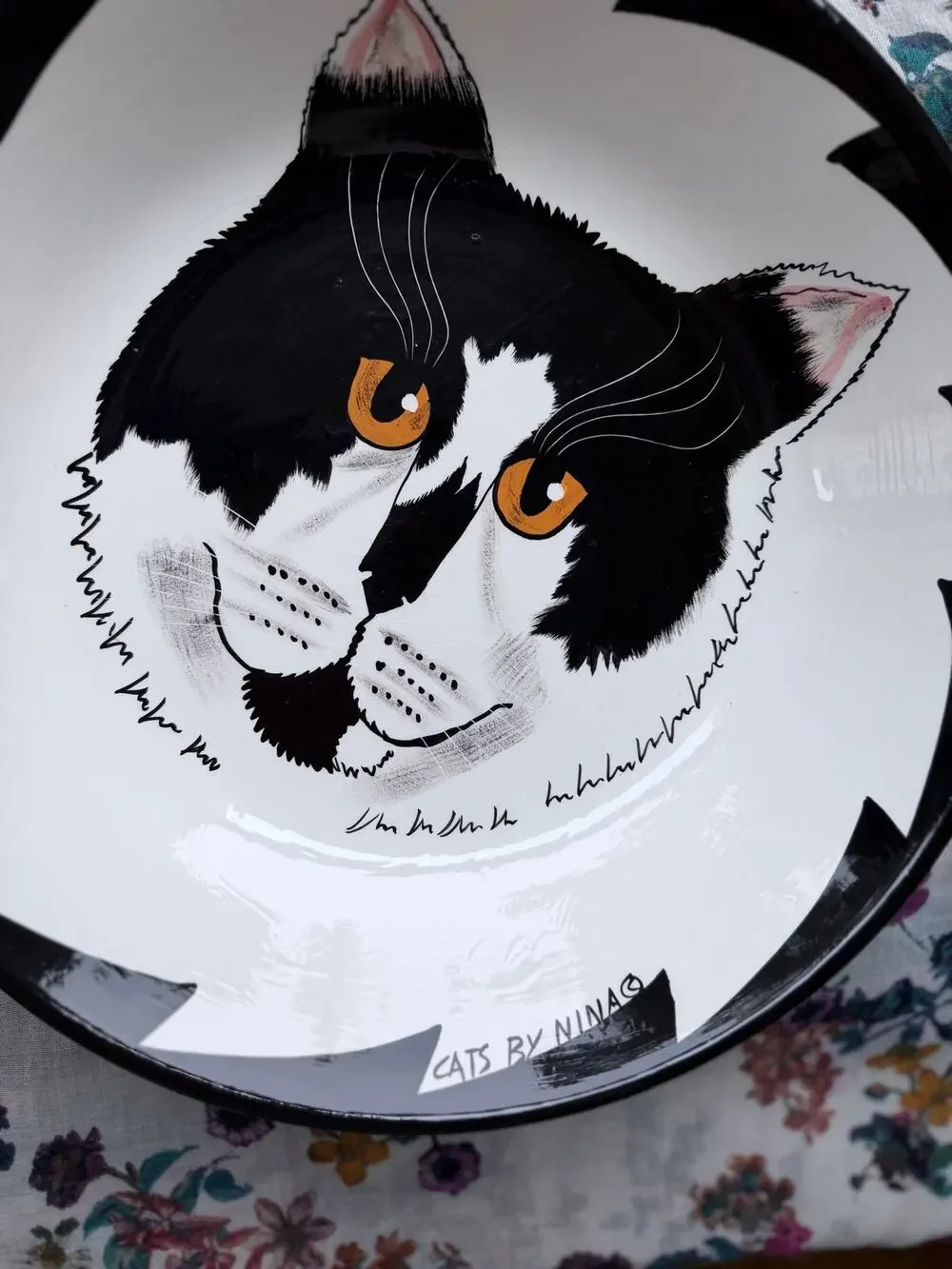 Tuxedo Cat Ceramic Serving Bowl 12” Whimsical Art Black & White Cats by Nina